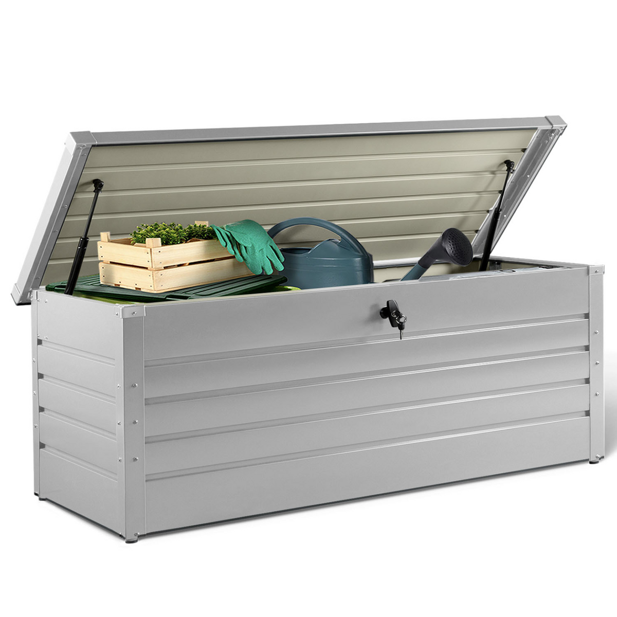 Coffre de rangement en métal verrouillable gris clair pour jardin 600 L 165x70x63 cm