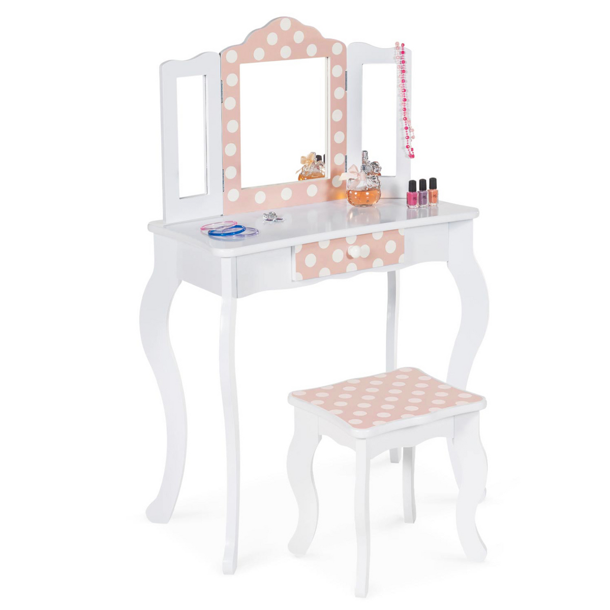 Coiffeuse enfant ROZA blanc et rose avec 3 miroirs et tabouret