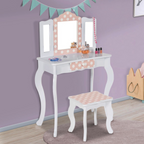 Coiffeuse enfant ROZA blanc et rose avec 3 miroirs et tabouret