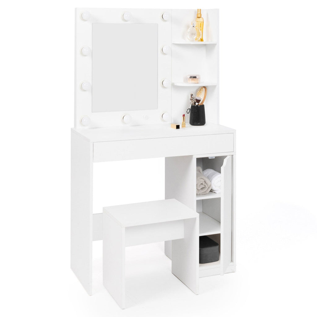 Coiffeuse ZELIA avec miroir LED, 1 tiroir, étagères, caisson de rangement et tabouret