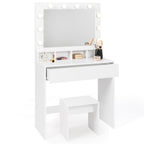 Coiffeuse ZELIA avec miroir LED, 4 niches, 1 tiroir et tabouret