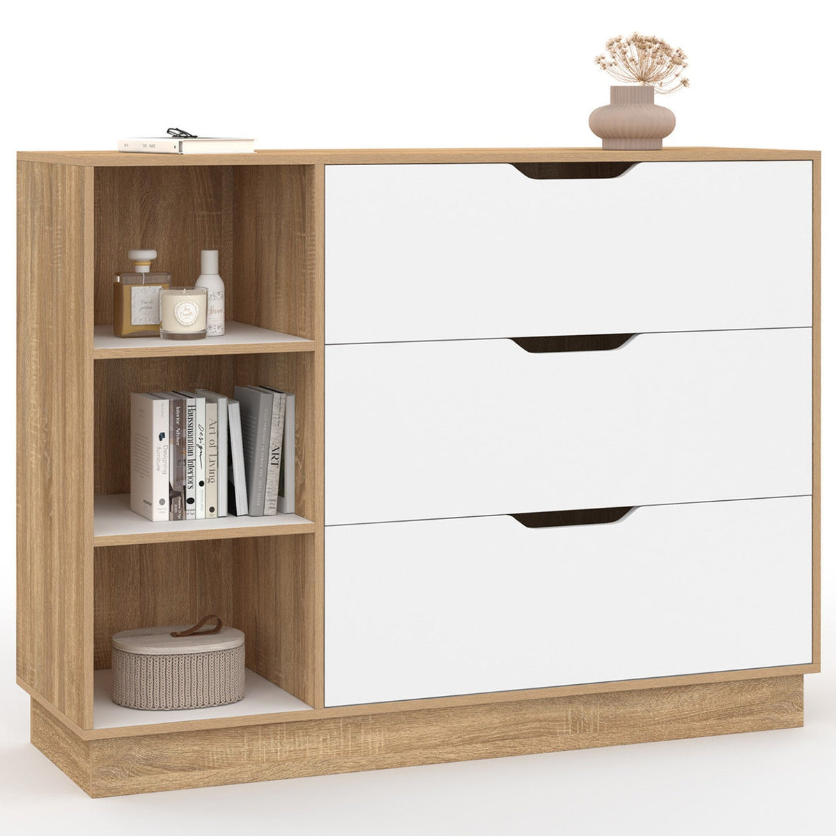 Commode 3 tiroirs et 3 niches OXANA hêtre et blanc