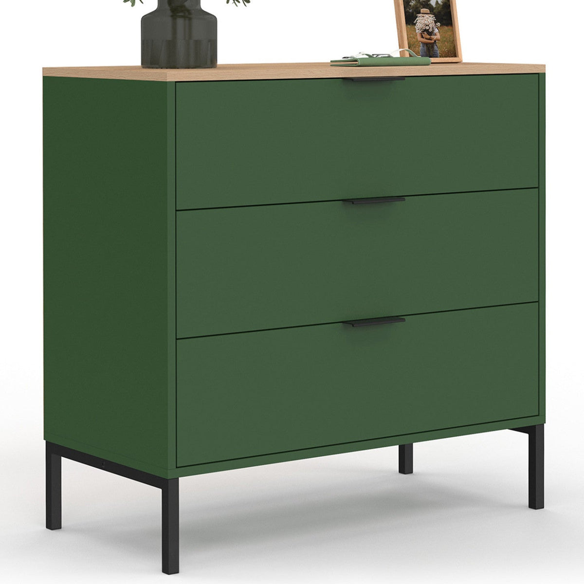Commode 3 tiroirs KELIA 80 cm vert kaki et plateau bois