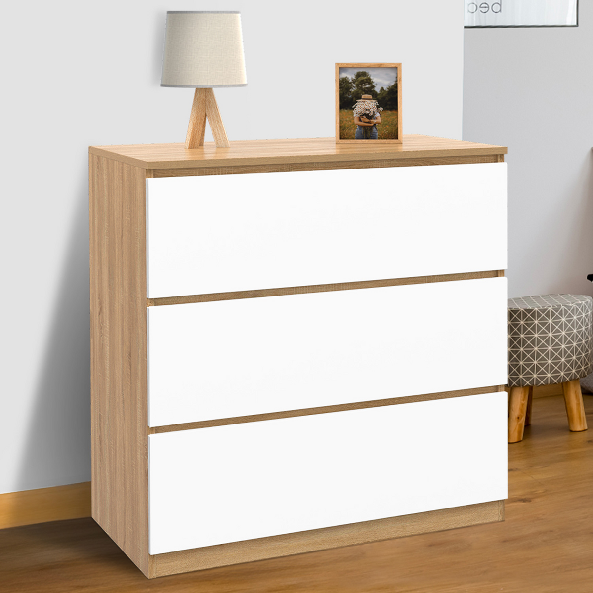 Commode 3 tiroirs TOMI 78 cm effet hêtre et blanc