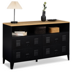 Commode 4 tiroirs ESTER 115 cm métal noir et plateau décor hêtre avec niche style industriel