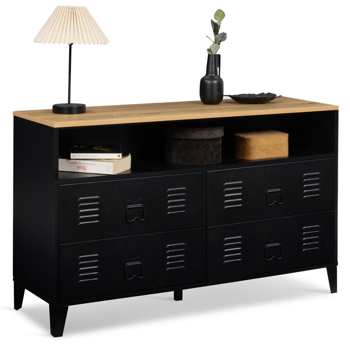 Commode 4 tiroirs ESTER 115 cm métal noir et plateau décor hêtre avec niche style industriel