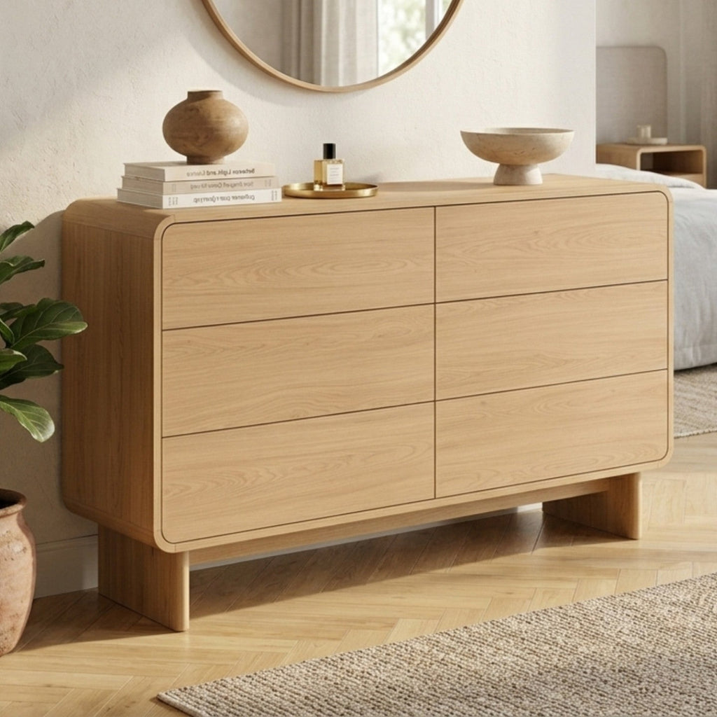 Commode 6 tiroirs CAPUCINE 115 cm aspect hêtre design arrondi