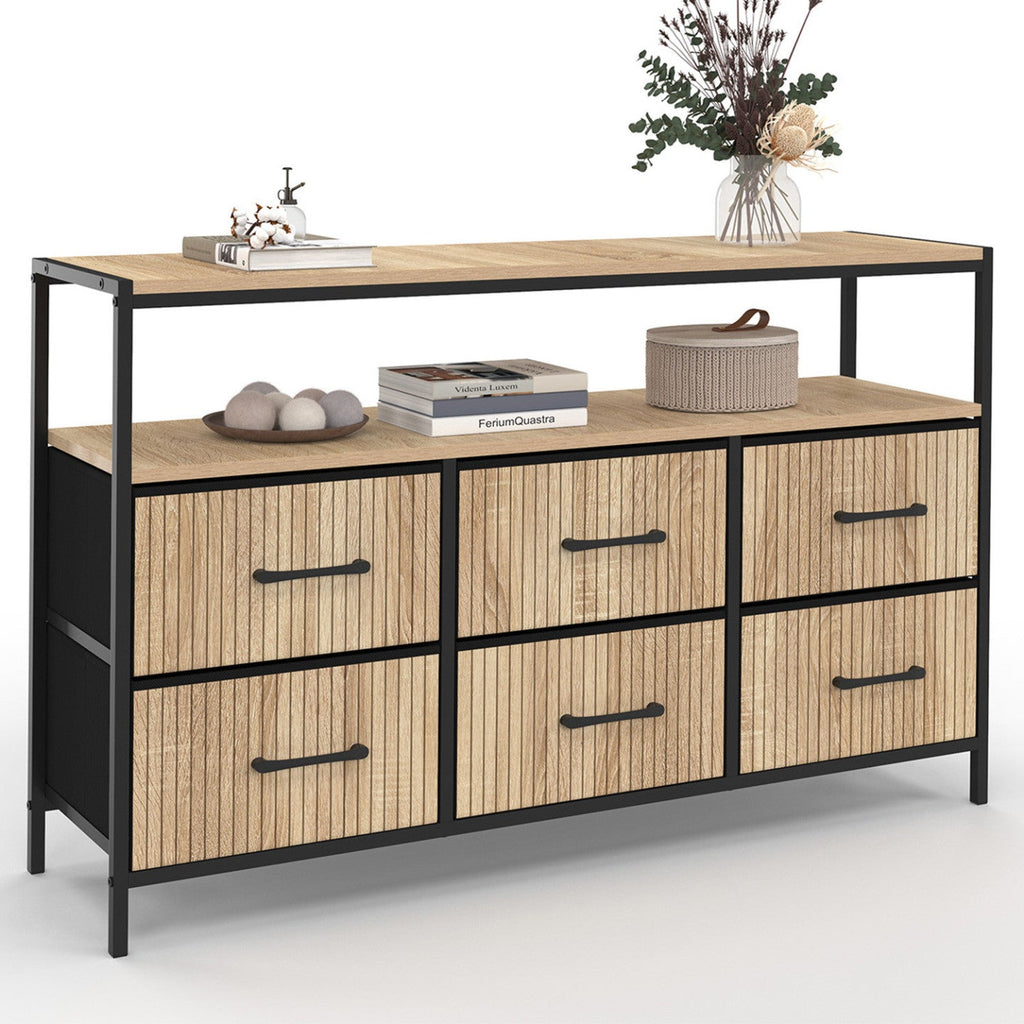 Commode 6 tiroirs en tissu UTAH 115 CM avec niche effet lattes, meuble de rangement au design industriel