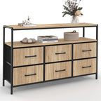 Commode 6 tiroirs en tissu UTAH 115 CM avec niche effet lattes, meuble de rangement au design industriel
