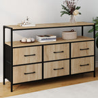 Commode 6 tiroirs en tissu UTAH 115 CM avec niche effet lattes, meuble de rangement au design industriel