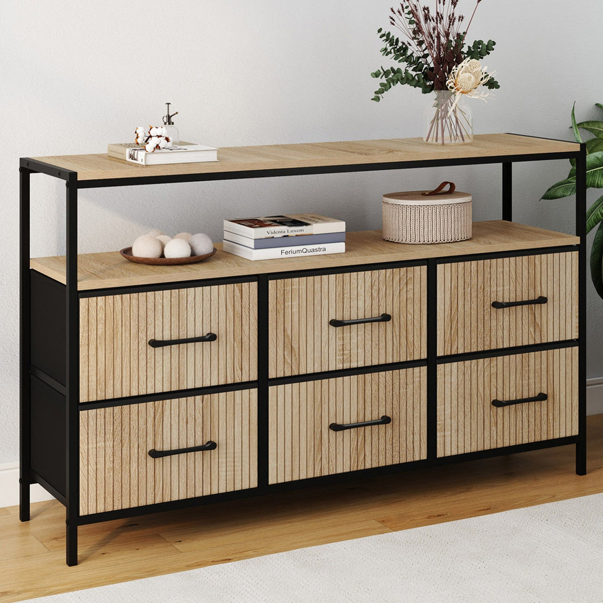 Commode 6 tiroirs en tissu UTAH 115 CM avec niche effet lattes, meuble de rangement au design industriel