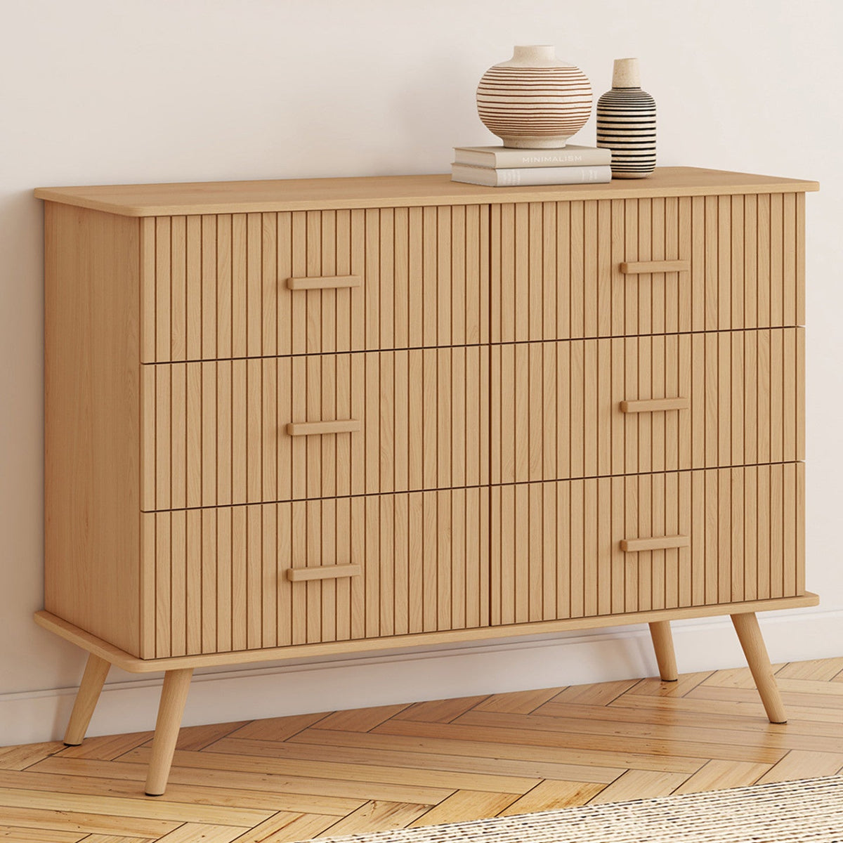Commode 6 tiroirs JULIETTE 110 cm effet lattes tasseaux bois coloris chêne
