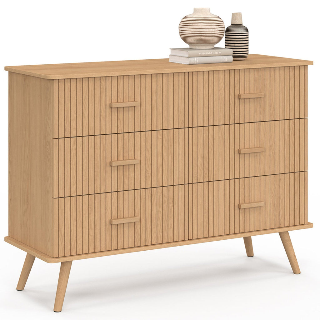 Commode 6 tiroirs JULIETTE 110 cm effet lattes tasseaux bois coloris chêne