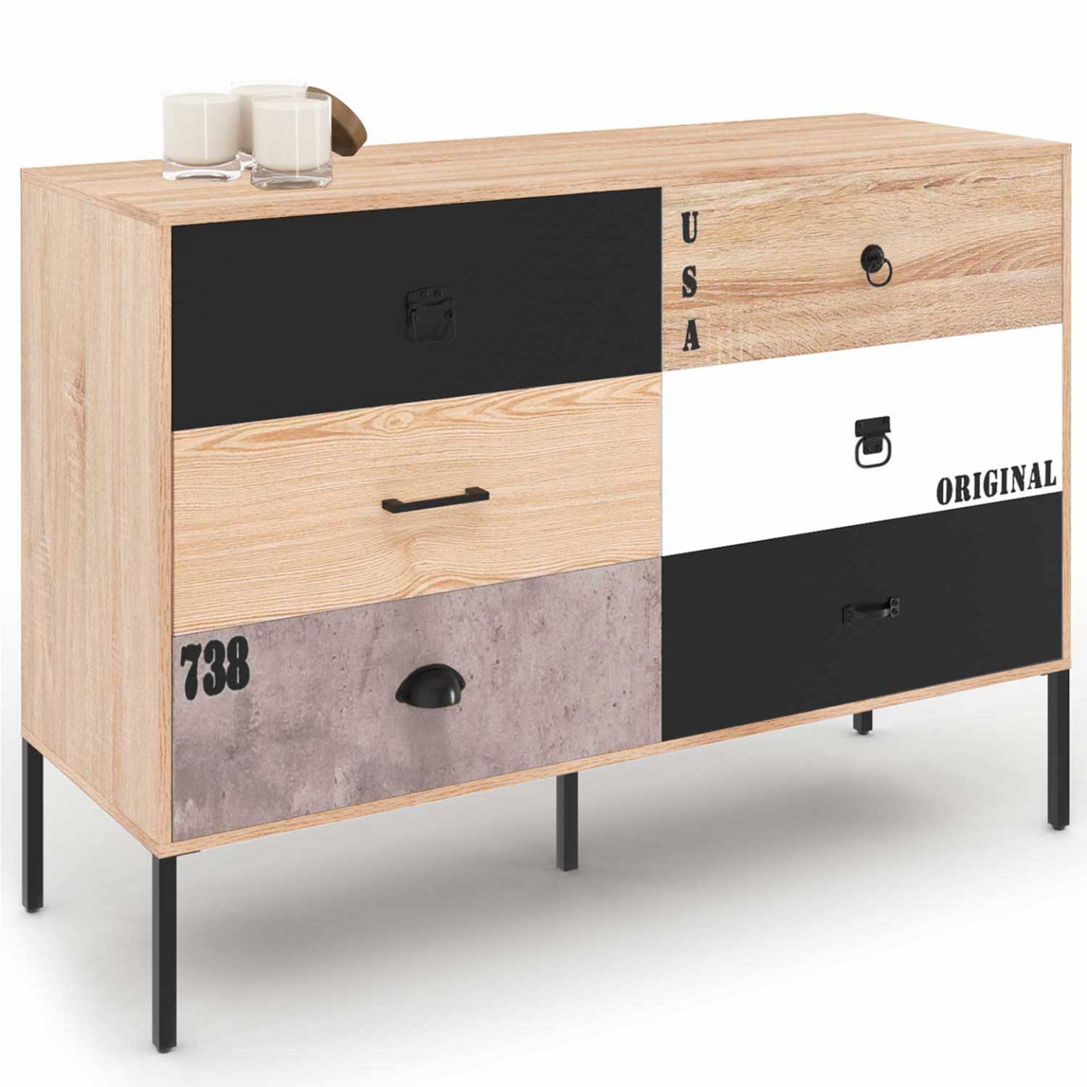 Commode 6 tiroirs SACRAMENTO 115 cm au design industriel dépareillé