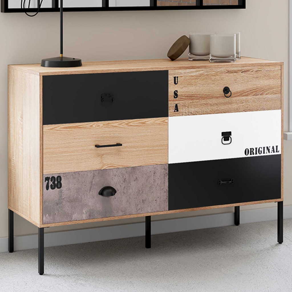 Commode 6 tiroirs SACRAMENTO 115 cm au design industriel dépareillé