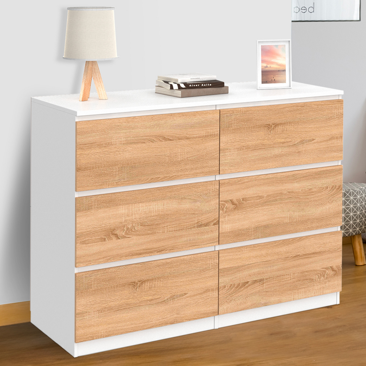 Commode 6 tiroirs TOMI 110 cm blanc et décor hêtre