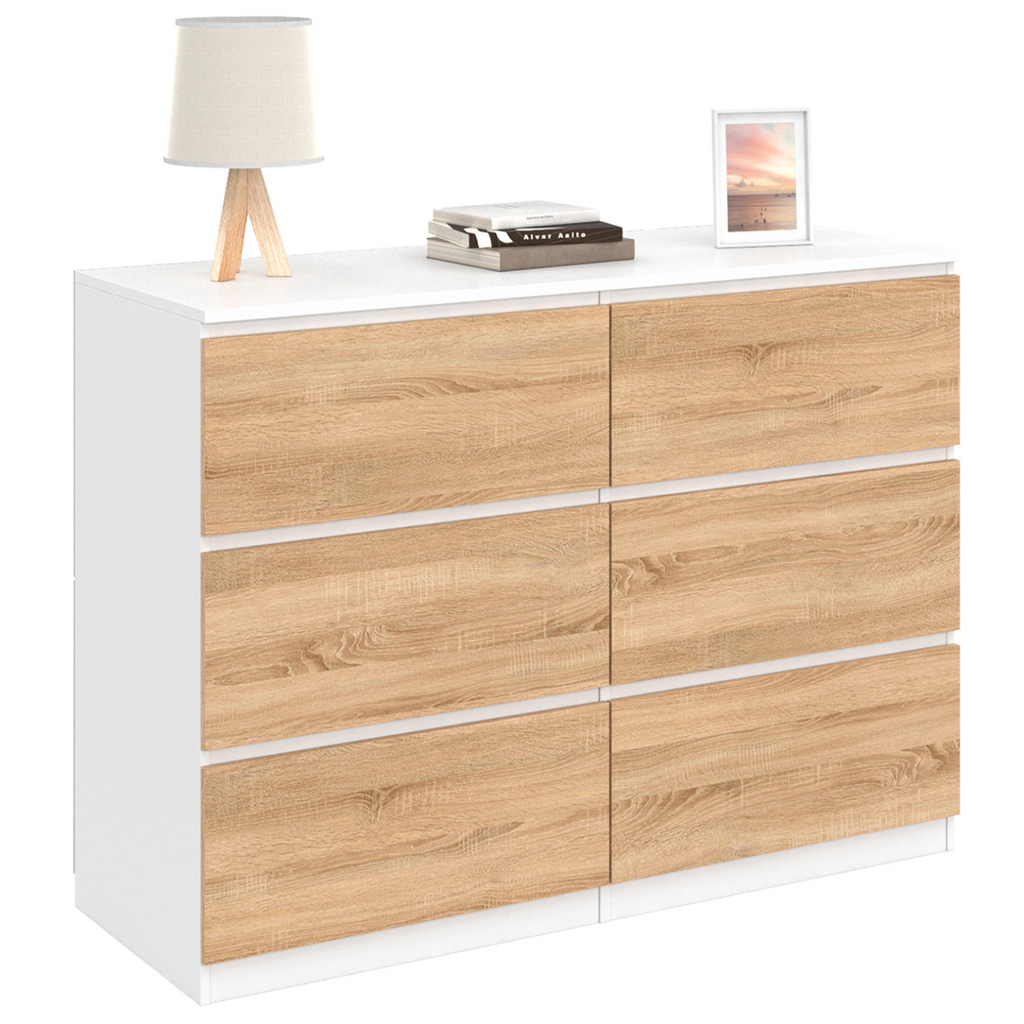 Commode 6 tiroirs TOMI 110 cm blanc et décor hêtre
