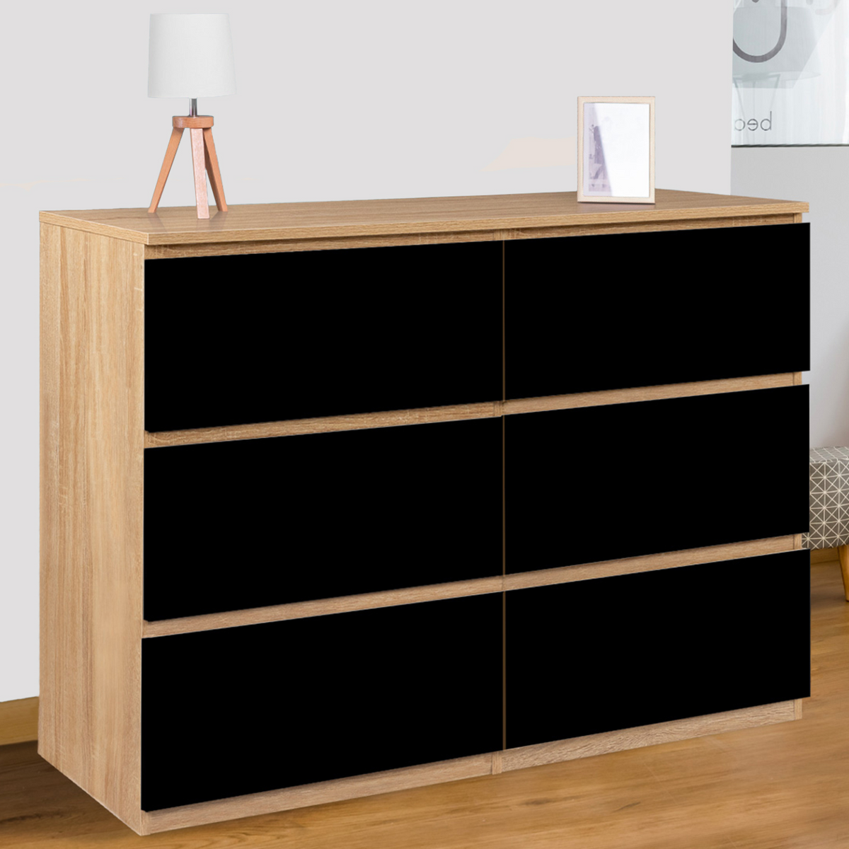 Commode 6 tiroirs TOMI 110 cm décor hêtre et noir