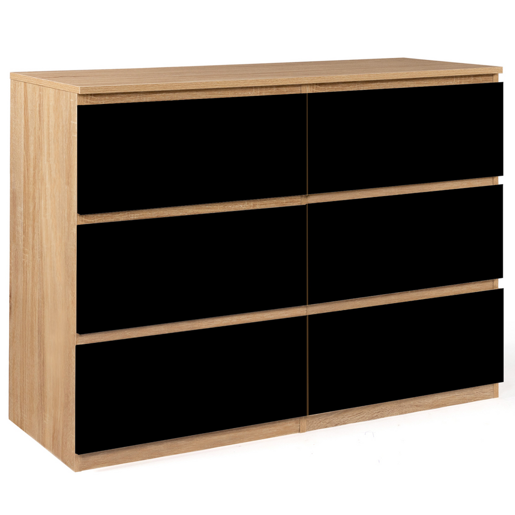 Commode 6 tiroirs TOMI 110 cm décor hêtre et noir