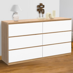 Commode 6 tiroirs TOMI XXL 140 cm, décor hêtre et blanc