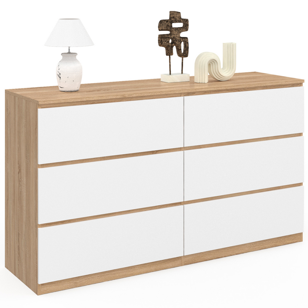 Commode 6 tiroirs TOMI XXL 140 cm, décor hêtre et blanc