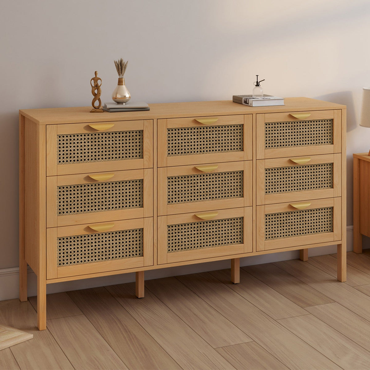 Commode 9 tiroirs EDHEN XXL 136 cm bois et cannage