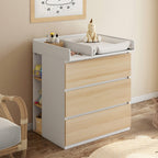 Commode à langer évolutive AMBRE aspect hêtre et blanc, 3 tiroirs, plan à langer et 2 étagères amovibles