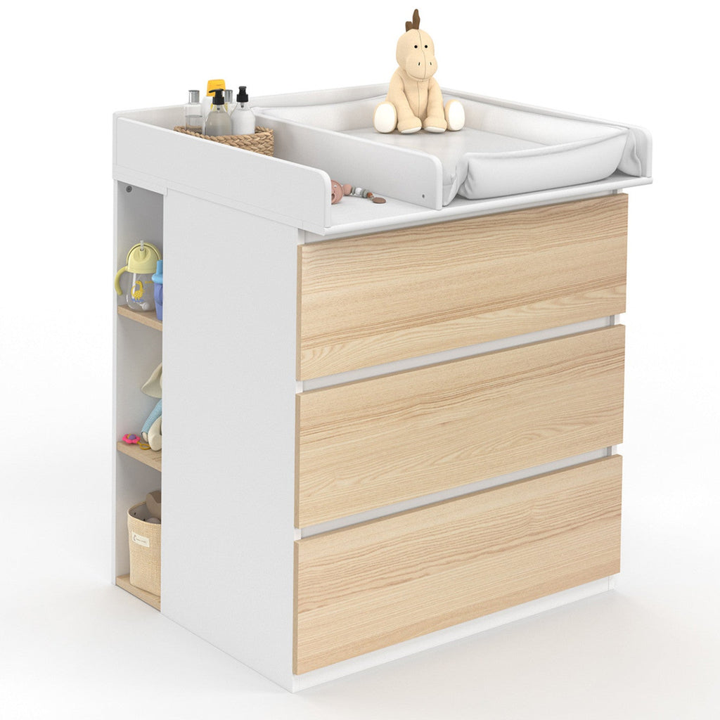 Commode à langer évolutive AMBRE aspect hêtre et blanc, 3 tiroirs, plan à langer et 2 étagères amovibles
