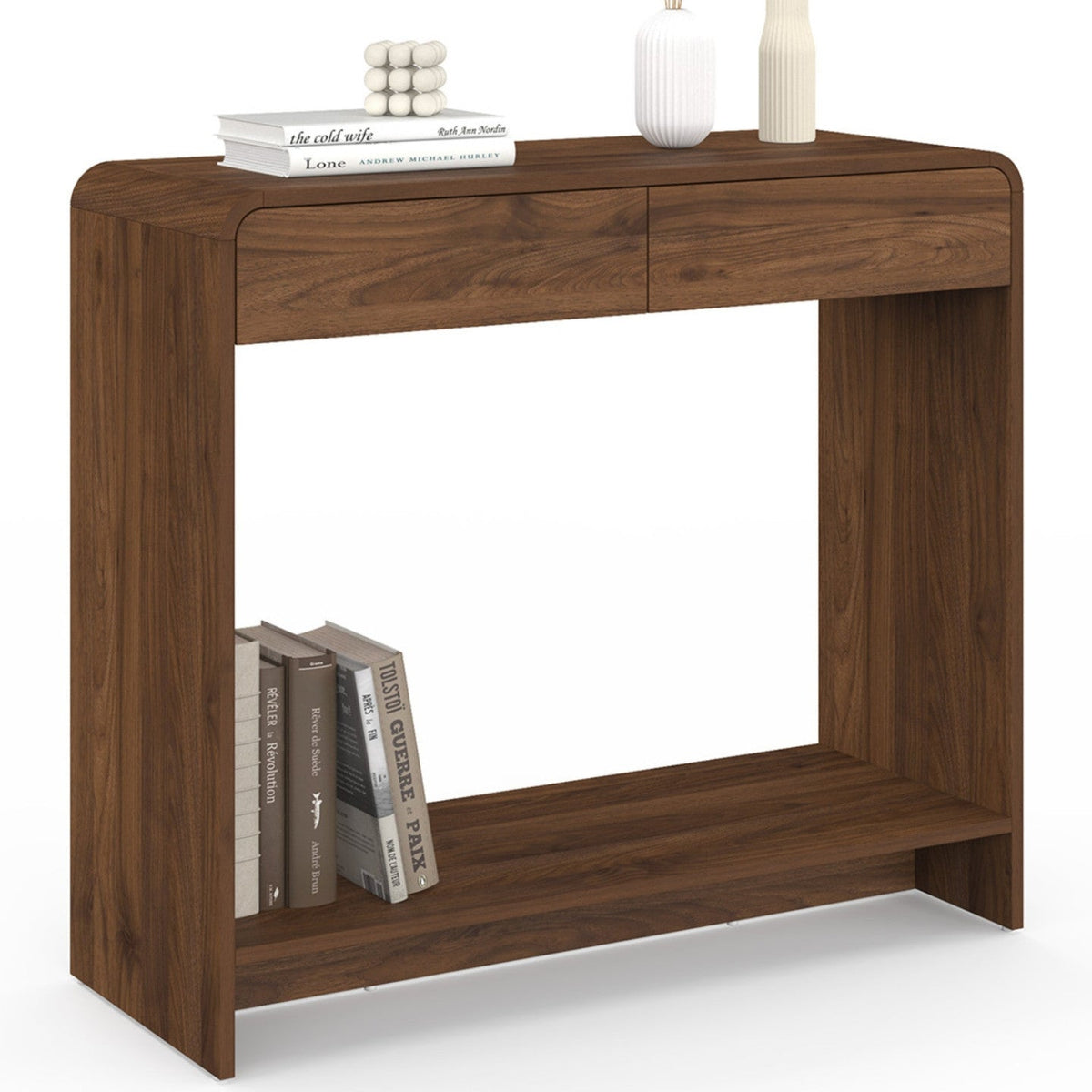 Console 2 tiroirs CAPUCINE effet noyer design arrondi