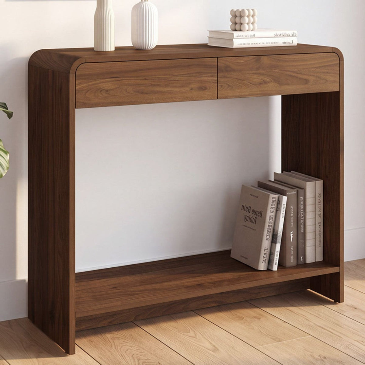 Console 2 tiroirs CAPUCINE effet noyer design arrondi