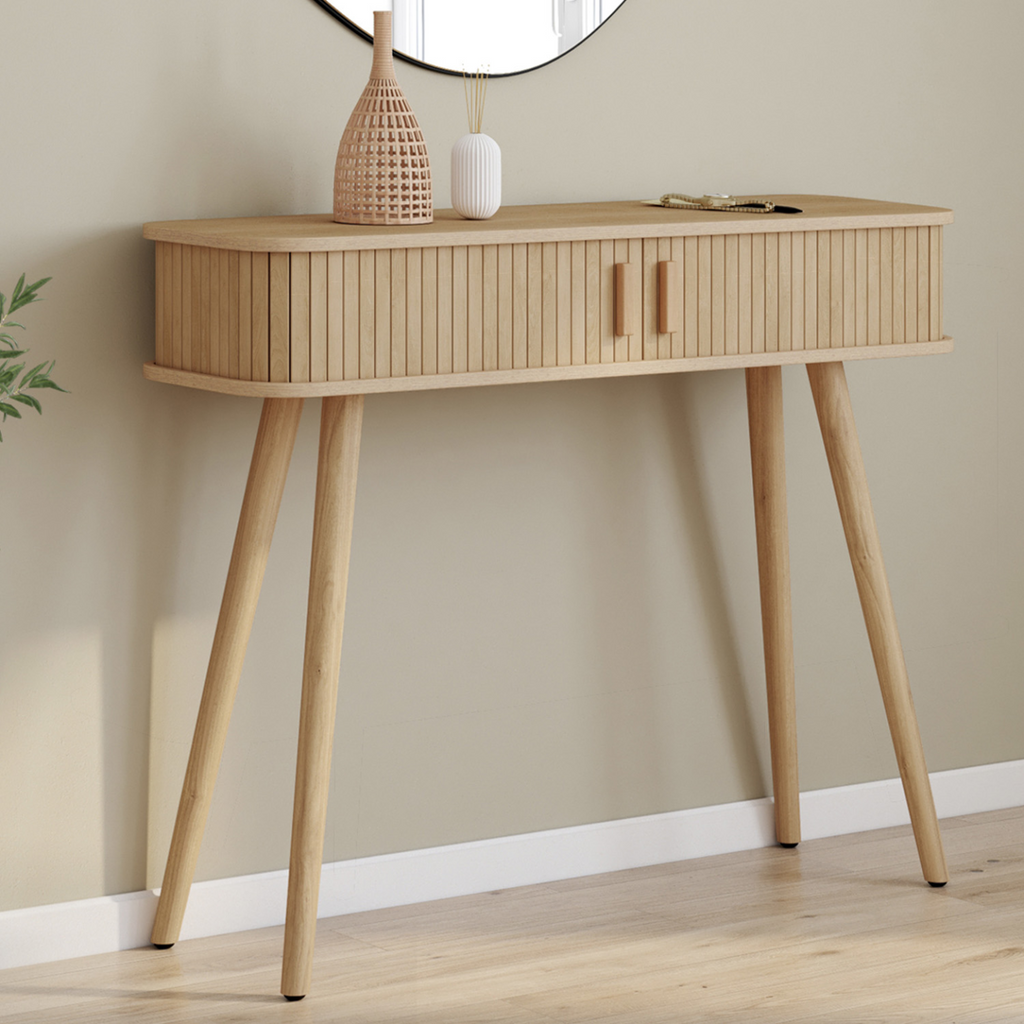 Console 2 portes coulissantes ROMIE à lattes tasseaux bois coloris chêne