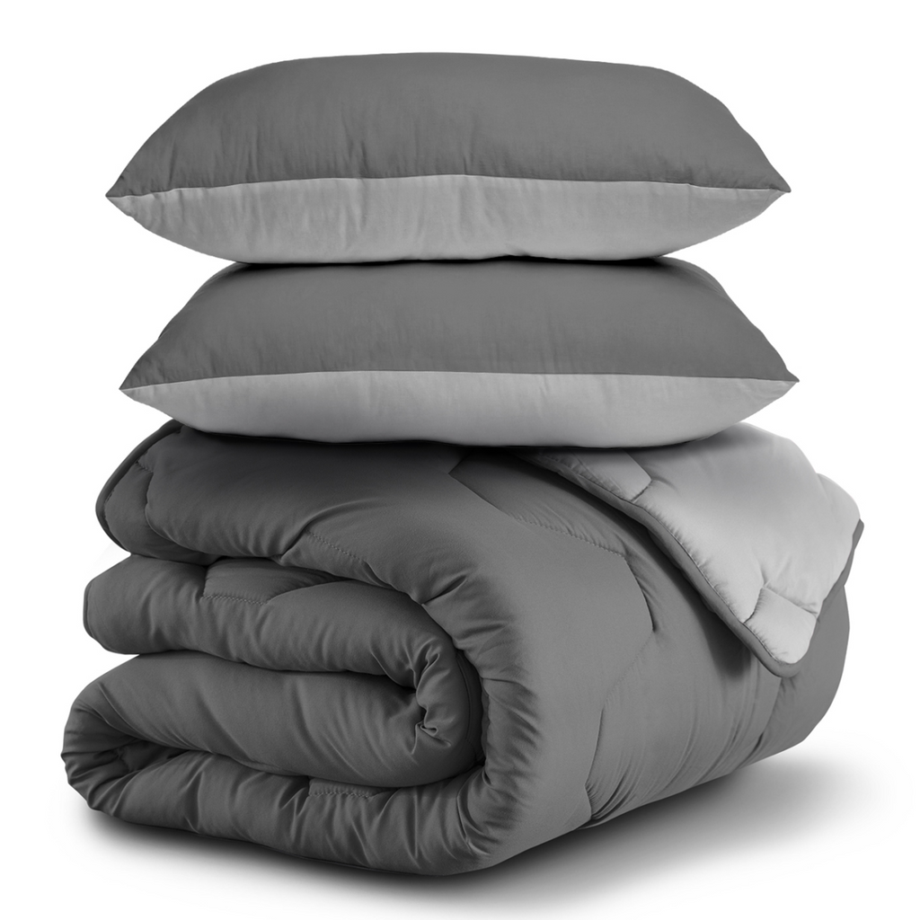 Couette bicolore 220x240 cm ABBY gris clair et gris 300 g + 2 oreillers