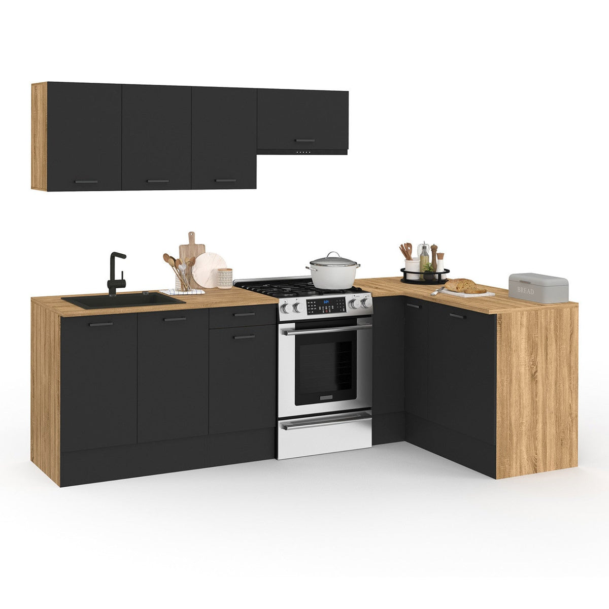 Cuisine d'angle complète 400 cm SUBTIL avec plan de travail, 7 éléments, bois et noir