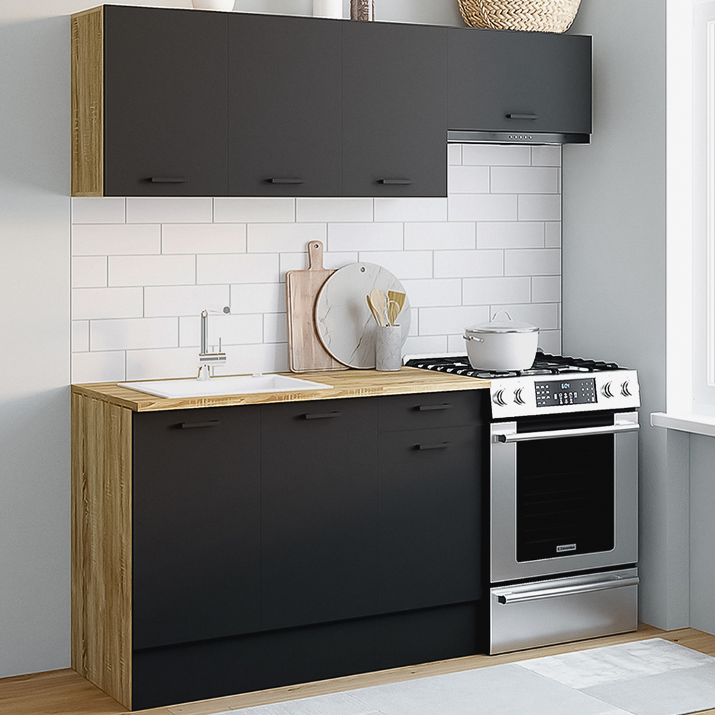 Cuisine complète 180 cm SUBTIL avec plan de travail 5 éléments bois et noir