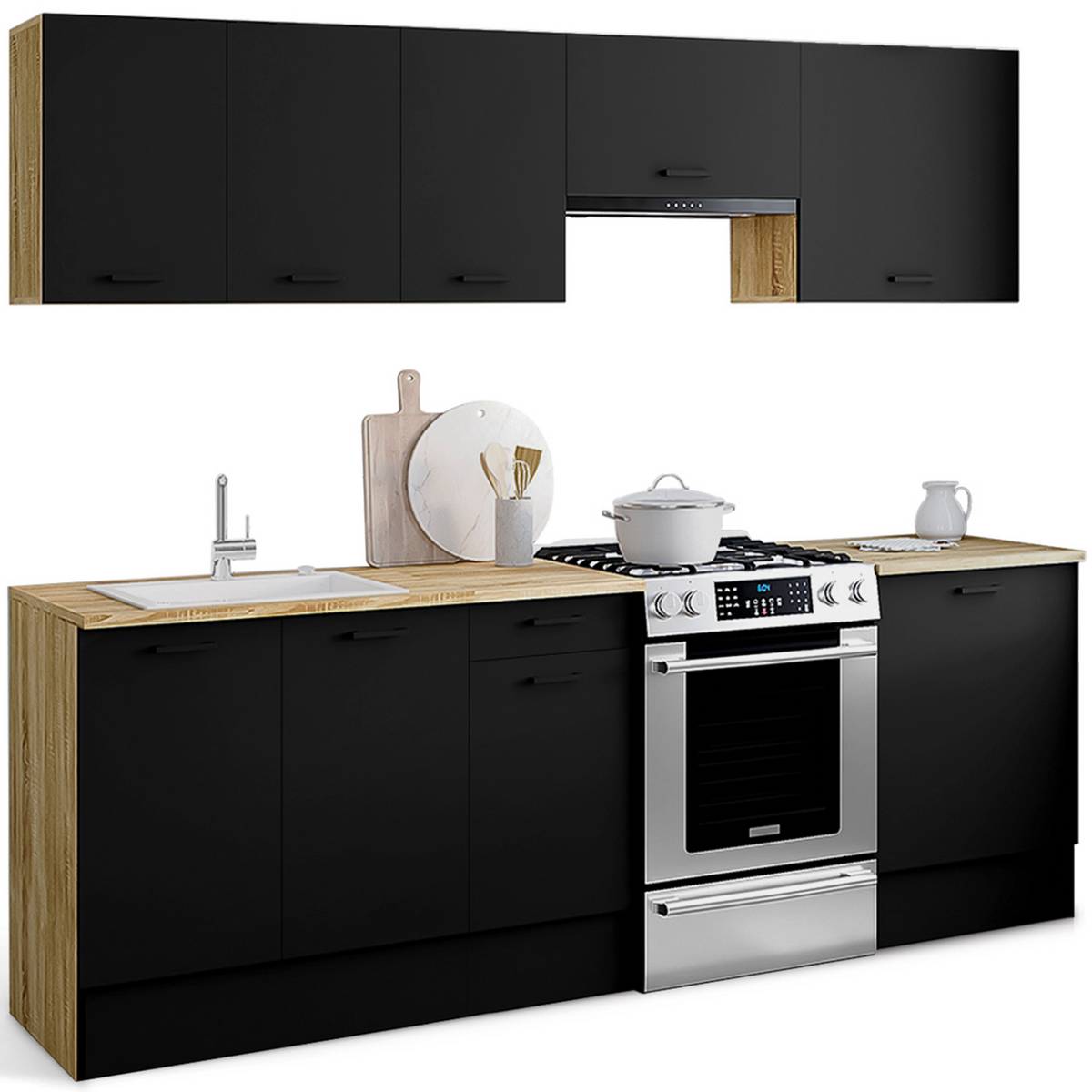 Cuisine complète 240 cm SUBTIL avec plan de travail 7 éléments bois et noir