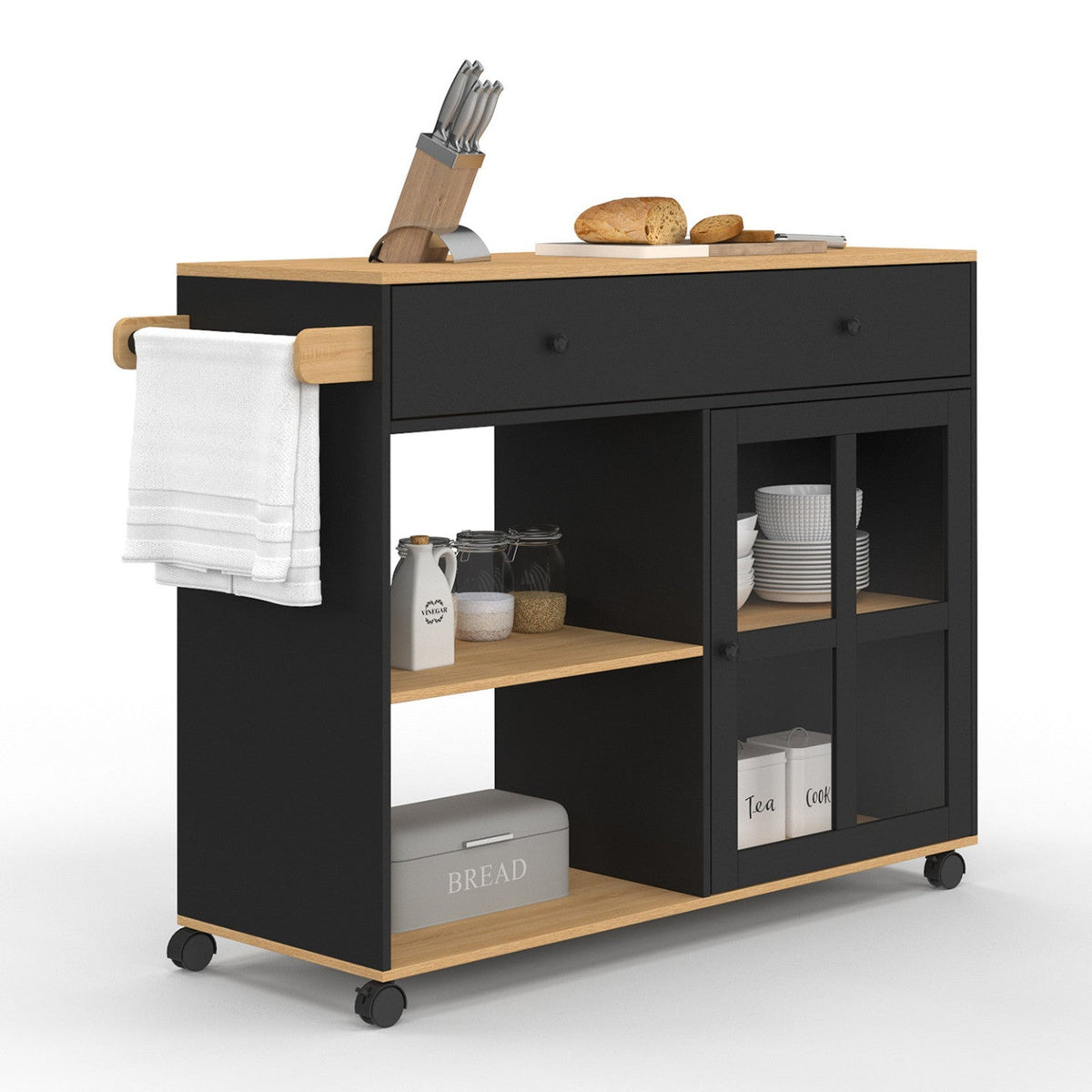Desserte de cuisine ACHILLE XXL avec étagère et placard vitré bois et noir L. 100 cm