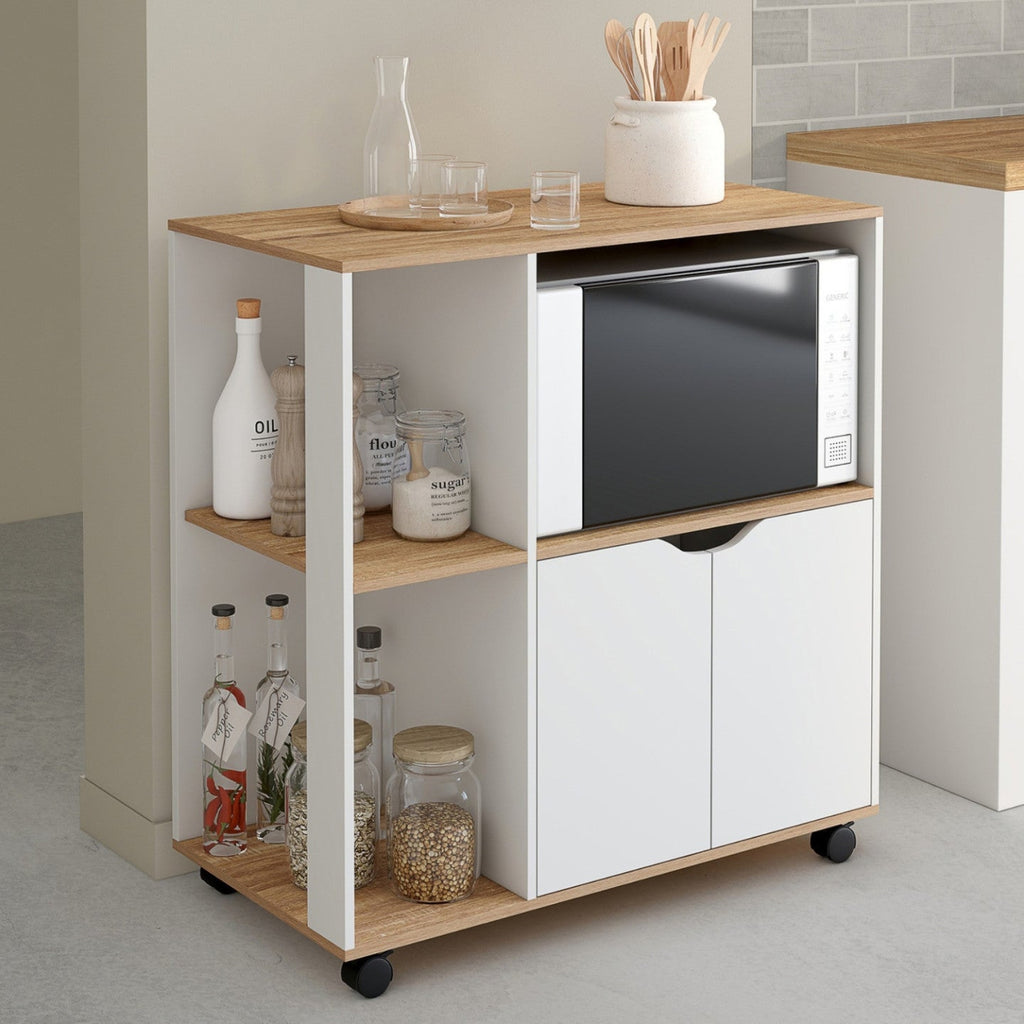Desserte de cuisine COSI bois blanc et plateaux aspect hêtre L.76 CM