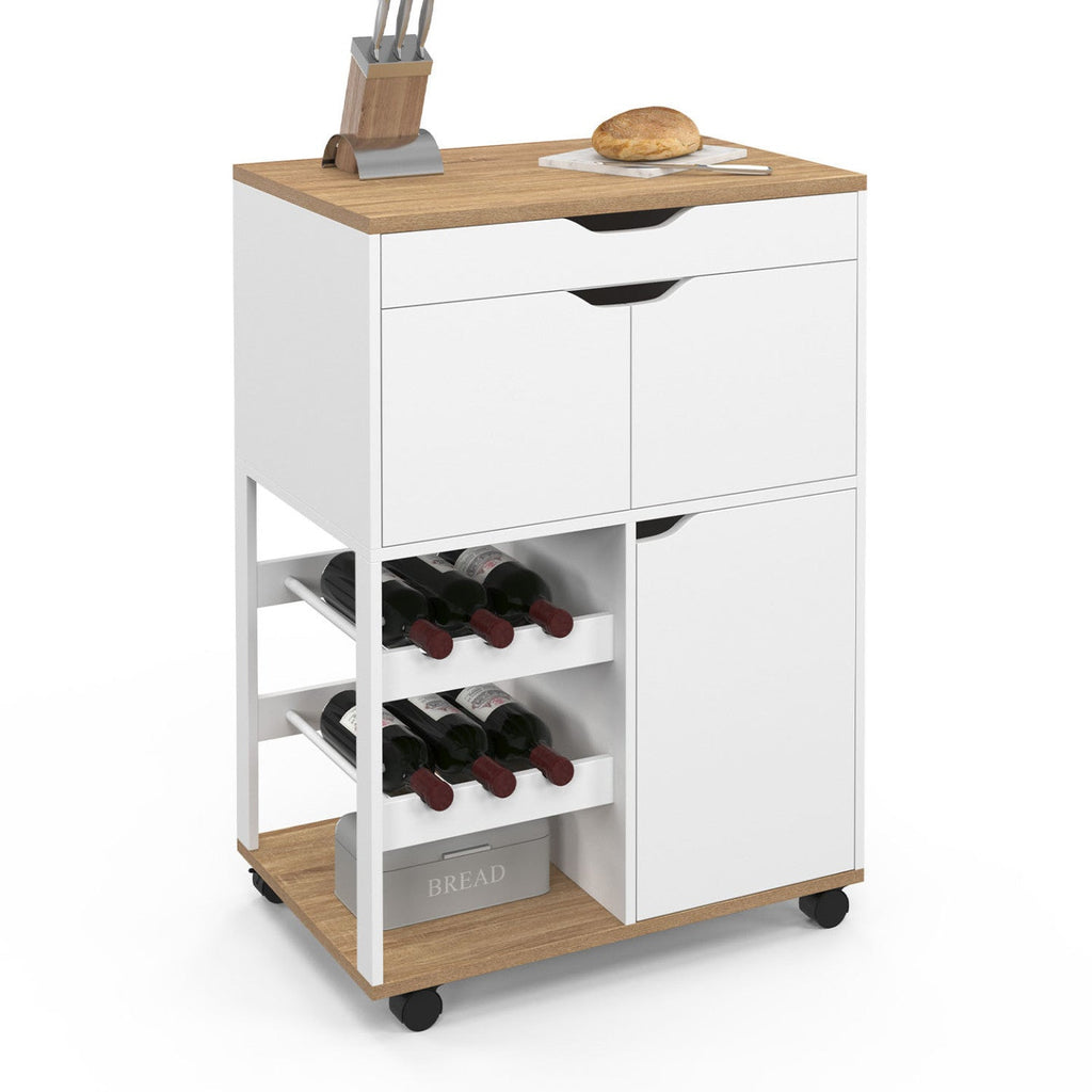 Desserte de cuisine COSY avec placard et range-bouteilles, bois et blanc
