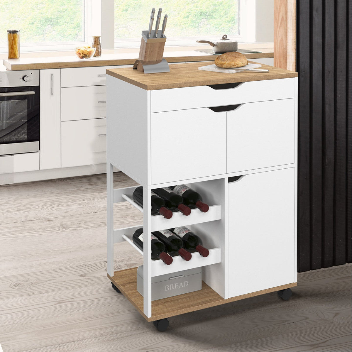 Desserte de cuisine COSY avec placard et range-bouteilles, bois et blanc