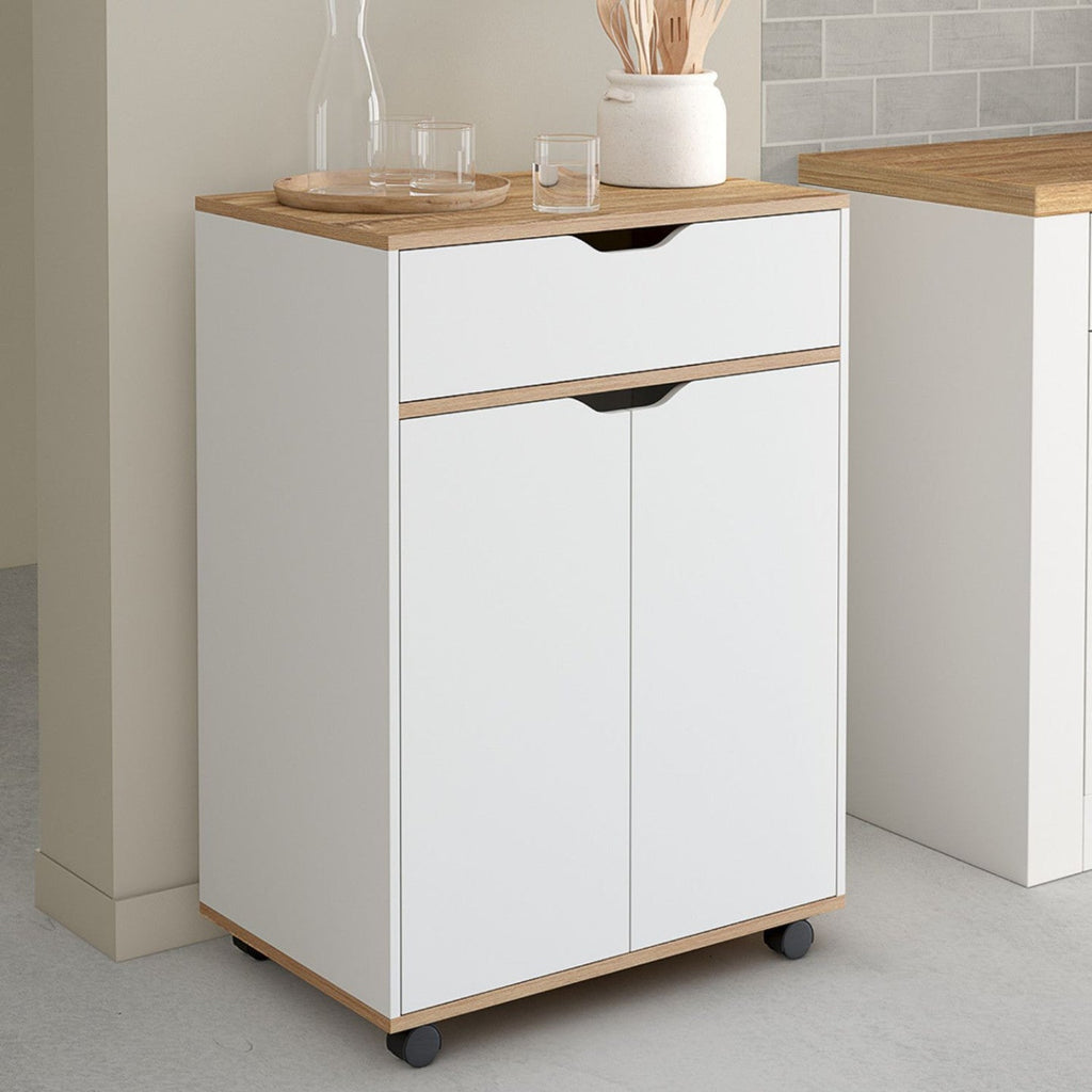 Desserte de cuisine COSY placard avec tiroir bois blanc et plateaux façon hêtre L.60 CM
