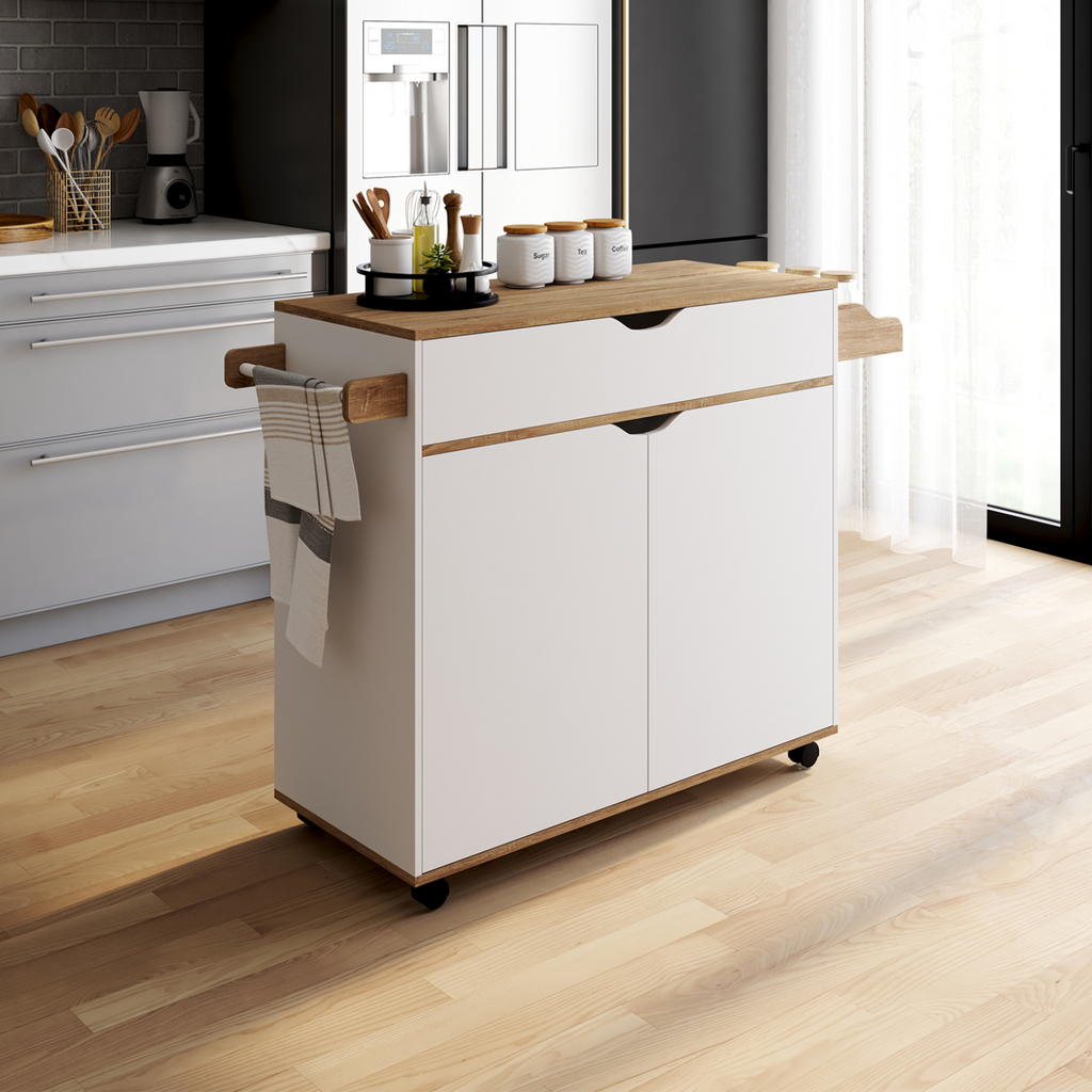 Desserte de cuisine COSY XXL avec placard, tiroir blanc et plateaux aspect hêtre L.90 cm