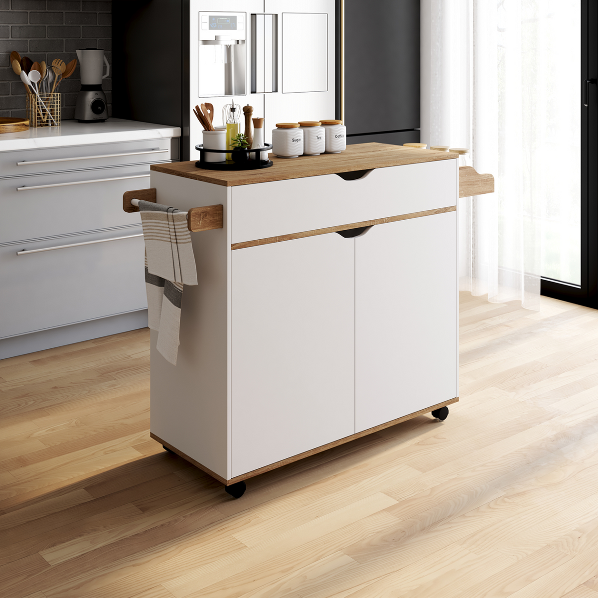 Desserte de cuisine COSY XXL avec placard, tiroir blanc et plateaux aspect hêtre L.90 cm