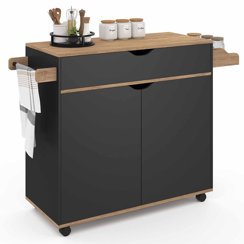 Desserte de cuisine COSY XXL avec placard, tiroir noir et plateaux aspect hêtre L. 90 cm