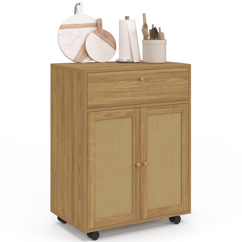 Desserte de cuisine HANAE avec tiroir effet bois et placard en cannage L.60 cm