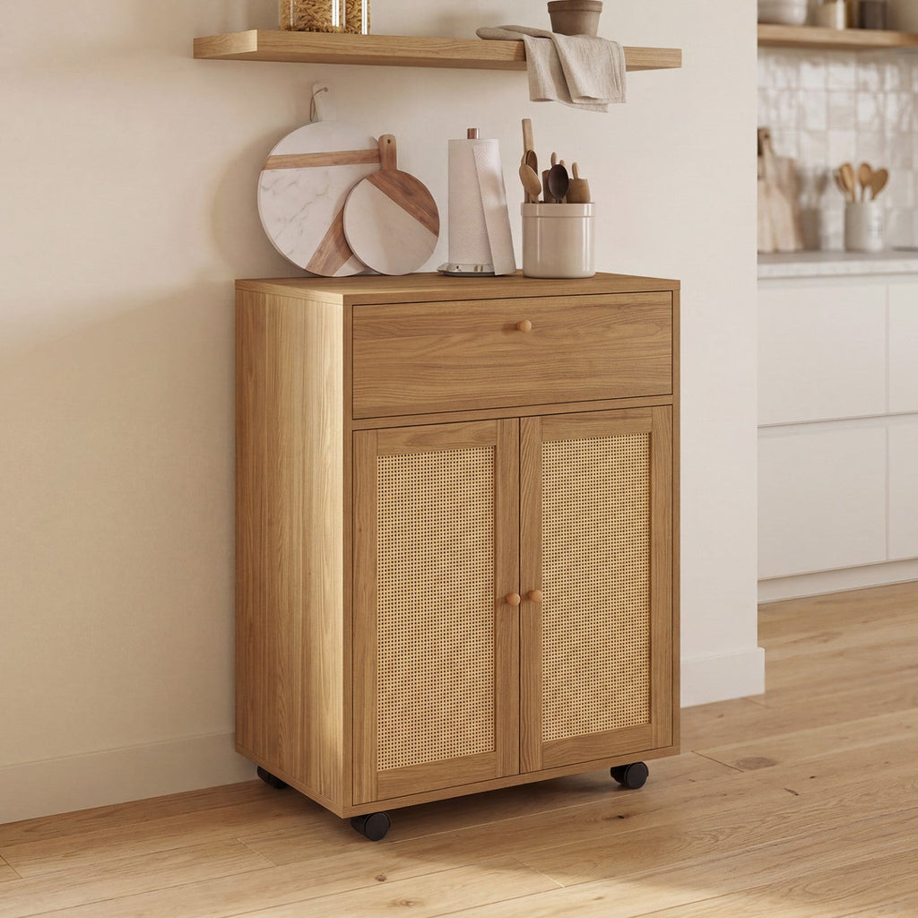 Desserte de cuisine HANAE avec tiroir effet bois et placard en cannage L.60 cm