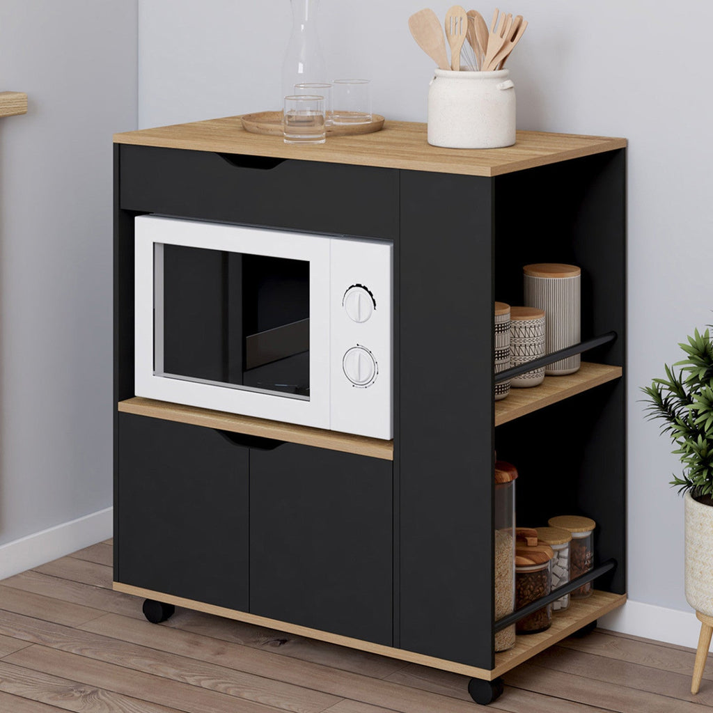 Desserte micro-ondes de cuisine COSI avec placard, tiroir et étagères à épices, bois noir et plateaux coloris hêtre, L. 76 cm