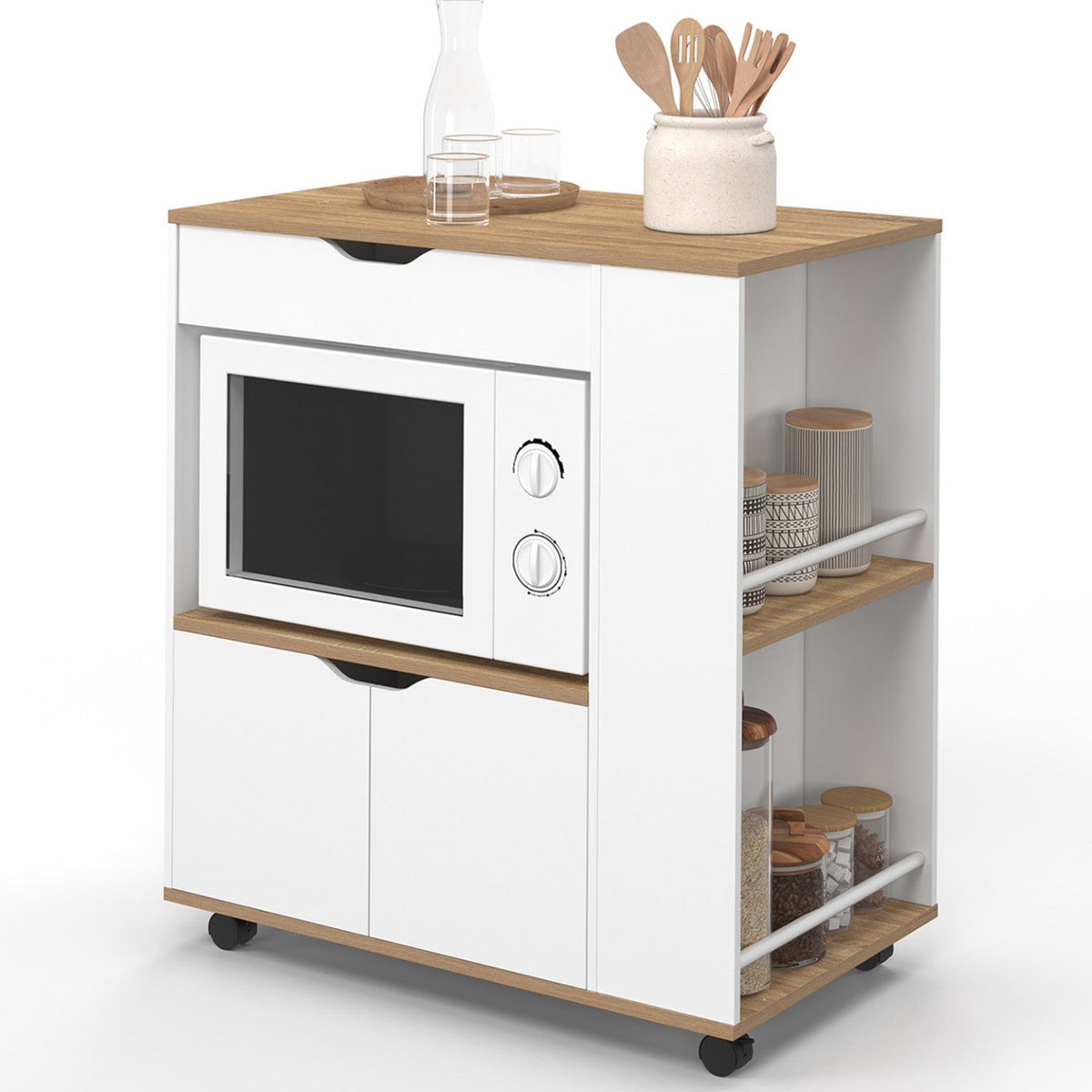 Desserte de cuisine pour micro-ondes COSI avec placard, tiroir et étagères à épices, bois blanc et plateaux aspect hêtre, L. 76 cm