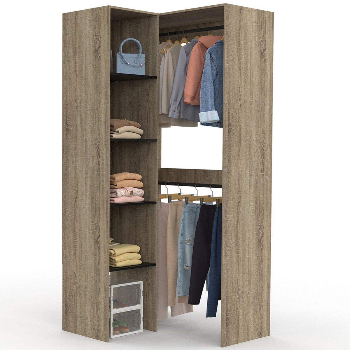 Dressing d'angle modulable L. 90 / 127 cm MELMAN double penderie + étagères bois et noir