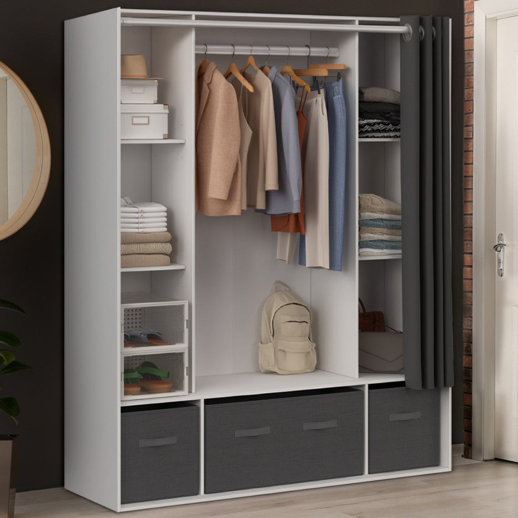 Armoire double penderie DIANE 140 x 45 x 167 cm blanc avec étagères + boîtes de rangement + rideau gris