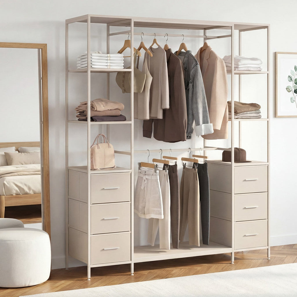 Dressing double penderie + double colonne L. 140 cm UTAH avec 6 étagères et 6 bacs en tissu beige